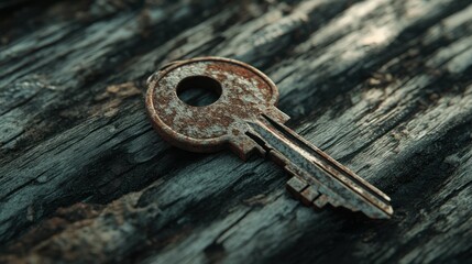 Rusty Key on Weathered Wood: A Still Life of Time and Secrets