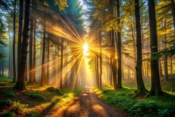 Obraz premium Sunbeams Forest Low Light Photography, Golden Hour Sunlight, Mystical Woods, Forest Path, Nature Photography, Dark Forest, Woodland Scene, Sun Rays, Magical Forest, Cinematic Lighting