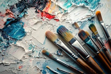 Fototapeta premium A palette knife and paintbrushes rest on a textured canvas, showcasing vibrant oil paint strokes in various colors.