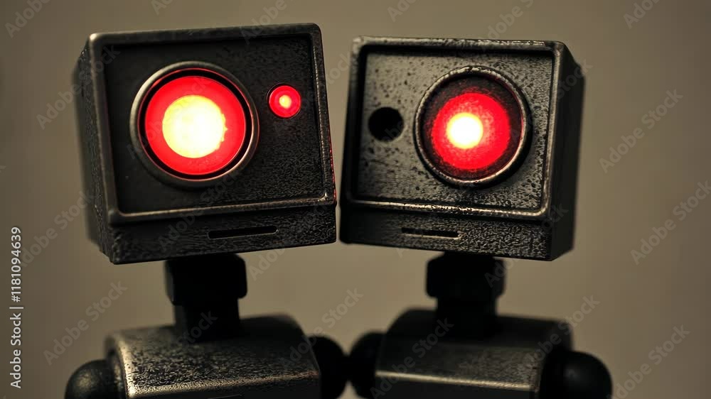 Poster robots with glowing red lights express emotions in a close-up view