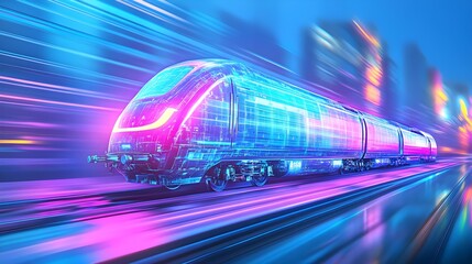 Fototapeta premium futuristic high-speed train, neon city - cyberpunk aesthetics