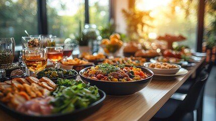 Vibrant Buffet Spread Featuring Fresh Salads, Appetizers, and Beverages in a Sunlit Space with Lush Greenery and a Warm Atmosphere