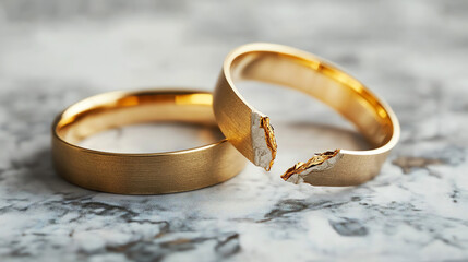 Broken wedding rings on marble surface. Represents divorce and relationship ending concepts.