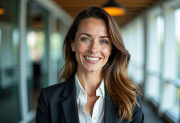 Obraz premium Smiling Businesswoman in Bright Office Corridor