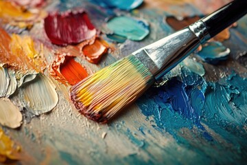 A paintbrush rests on a palette of vibrant, textured oil paints, showcasing the artist's process.
