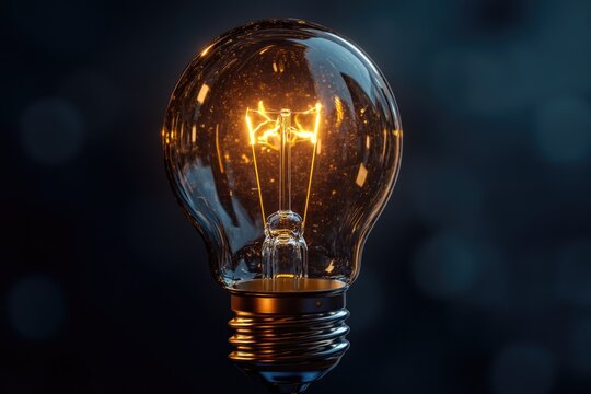 A glowing incandescent light bulb illuminates the darkness, symbolizing ideas and innovation.
