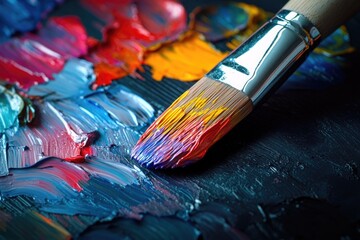 Fototapeta premium A paintbrush laden with vibrant hues glides across a palette of richly textured oil paints.