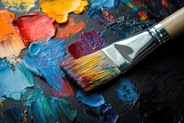 Fototapeta premium A paintbrush rests on a palette with vibrant, textured oil paint strokes of various colors.