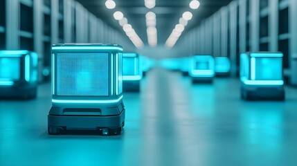 Naklejka premium futuristic robots in automated warehouse - artificial intelligence