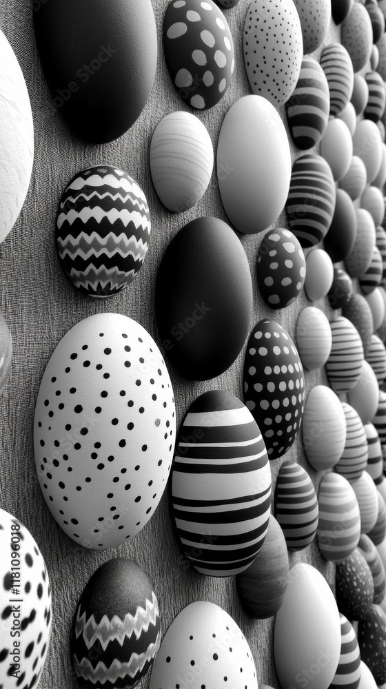 Poster monochrome easter egg outlines arranged in a modern grid pattern on a neutral grey background for a 