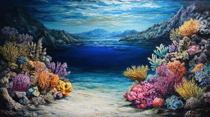 Naklejka premium Vibrant Coral Reef Seascape: Underwater Paradise