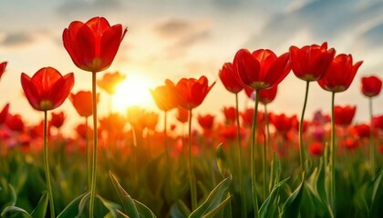 Obraz premium A group of tulips on the background of the rising sun.