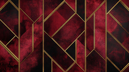 A dark red geometric pattern with elegant symmetry and delicate gold highlights, creating a sophisticated and timeless design.