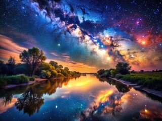 Fototapeta premium Surreal Milky Way River Photography: Celestial Dreamscape, Night Sky Reflection, Starry Galaxy, Cosmic River, Astral Waterscape