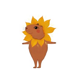 Illustration of cute, funny brown capybara with yellow sunflower petals around neck standing on the white background.