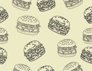 doodle burger pattern background. doodle fast food burger seamless pattern background. seamless pattern of hamburger in doodle style. Seamless Pattern of a Cheese Burger or Hamburger.