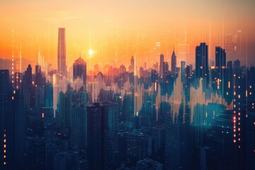 Sunset cityscape with vibrant hues and overlaid digital data streams, symbolizing technological advancement and urban life.