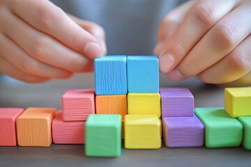 Hands carefully placing colorful wooden blocks, creating a small tower, a concept of building and growth.