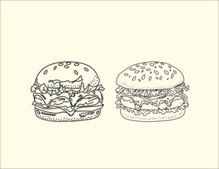 hand drawn illustration of a burger. Set of hand drawn hamburger, burger. Set of doodle style hamburger, burger. Vector illustration