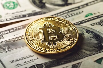 A gold Bitcoin rests on a bed of US dollar bills, symbolizing cryptocurrency's value and its relationship with traditional finance.