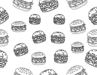 doodle burger pattern background. doodle fast food burger seamless pattern background. seamless pattern of hamburger in doodle style. Seamless Pattern of a Cheese Burger or Hamburger.