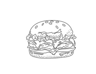 hand drawn illustration of a burger. Set of hand drawn hamburger, burger. Set of doodle style hamburger, burger. Vector illustration