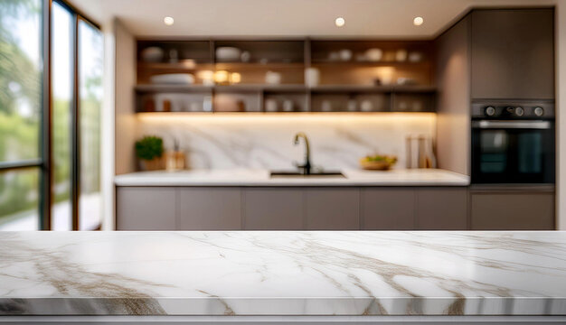 Una mesa de cocina vac&iacute;a con fondo de cocina