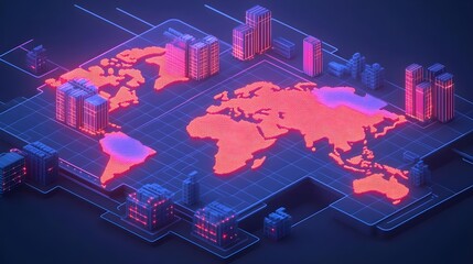 global network, digital world map, tech - neon