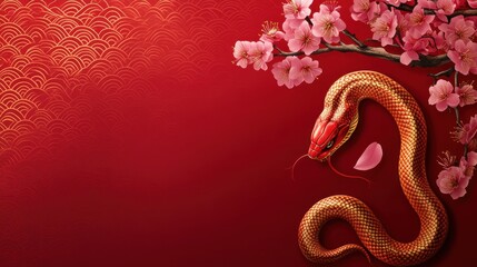 Obraz premium Happy Chinese New Year 2025,Year of the snake zodiac sign,Snake illustration and design,Asian elements gold paper cut style,Lunar new year concept,New Year card 2025.