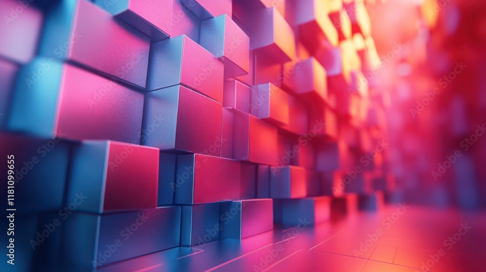Aufkleber abstract colorful cube wall: a digital 3d render of interlocking cubes in vibrant pink and blue hues