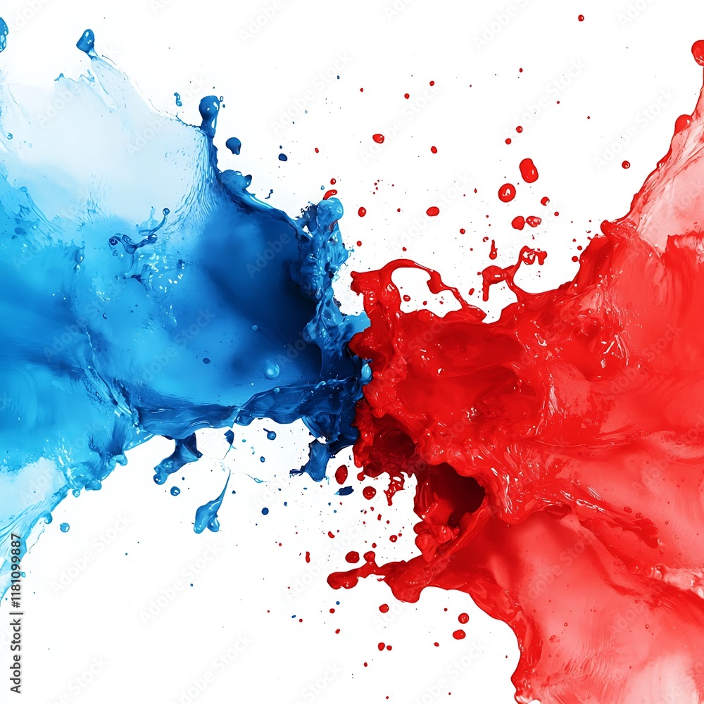 Poster a vibrant splash of blue and red paint colliding, creating an energetic and dynamic visual effect on
