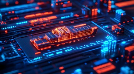Obraz premium neon container ship on tech circuit board - futuristic technology