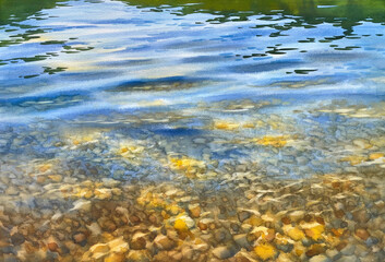 Underwater stones in the lake panorama watercolor background