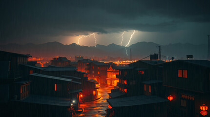 Asian mountain village streetscape with night time rain and lightening. Landscape of inspiration.