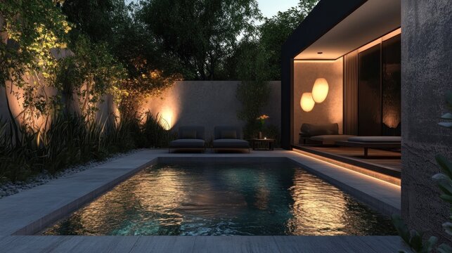Tranquil backyard pool scene at night with ambient lighting, lush greenery, and modern patio furniture.