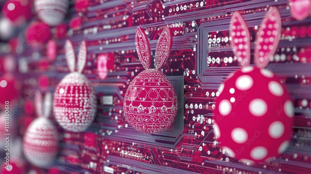 Poster glowing easter icons including eggs and bunnies create a vibrant high-tech digital pattern on a circ
