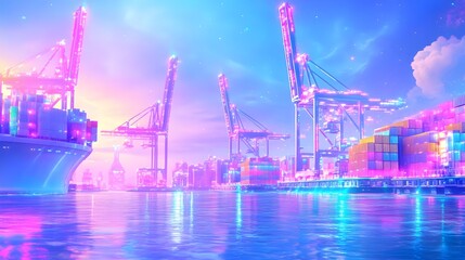 Obraz premium neon port at sunset: shipping containers - neon and vibrant colors