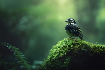Bird Perched Mossy Rock, Green Forest