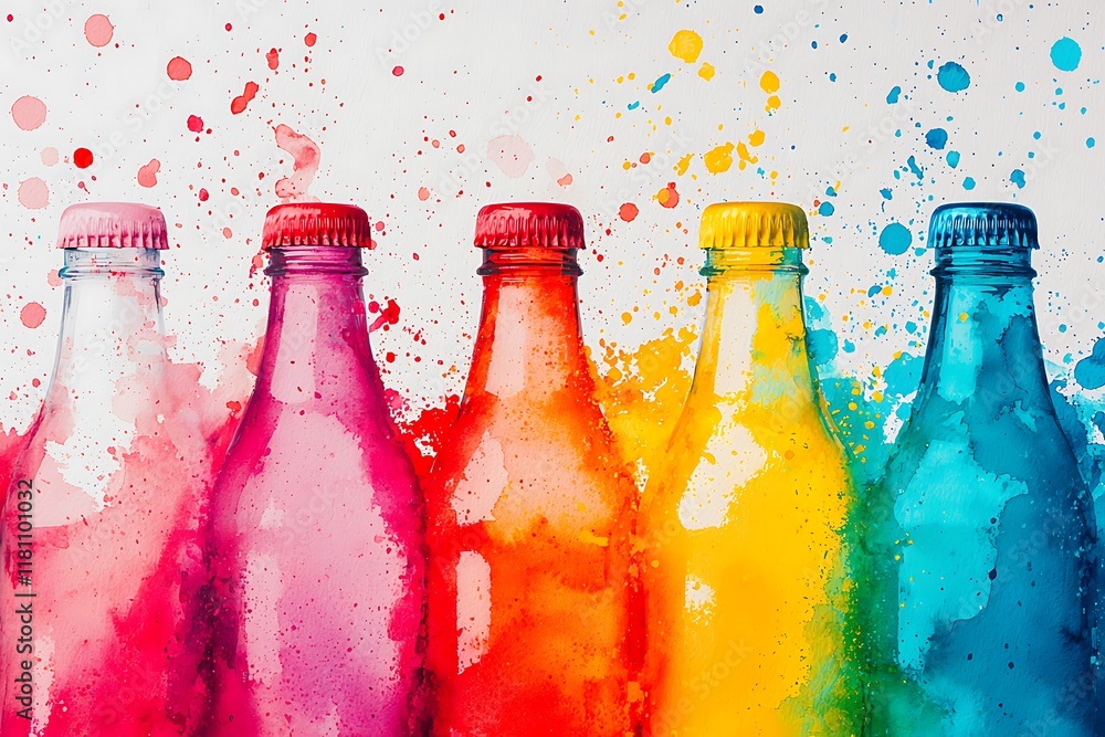 Poster a vibrant array of colorful bottles with splashes of paint in the background, showcasing a playful a