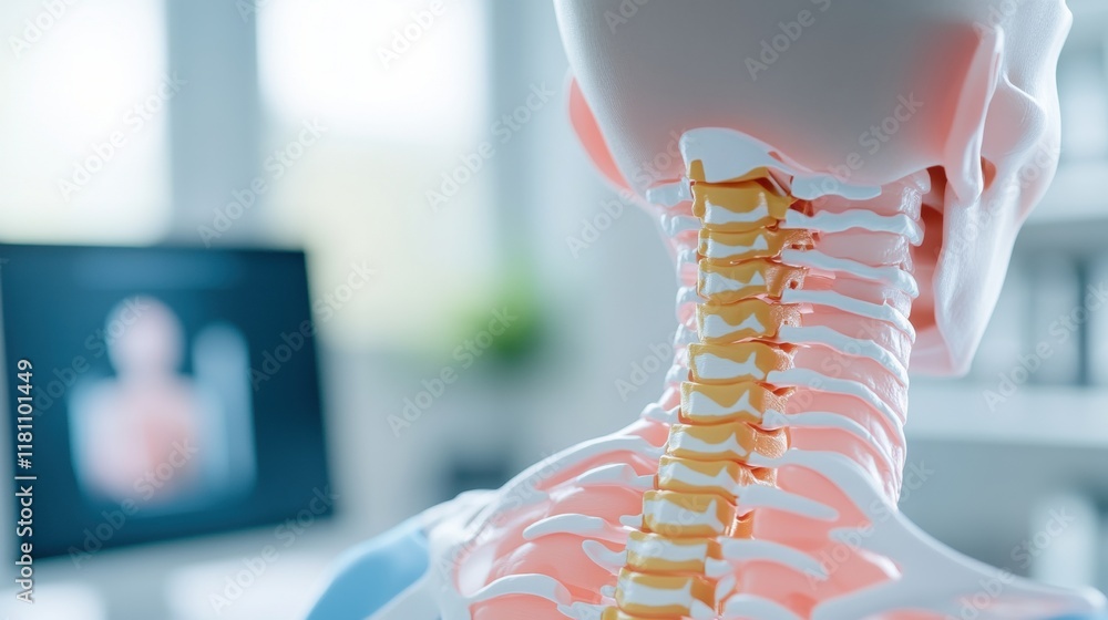 Poster a detailed view of a spinal model, highlighting vertebrae structure, with a computer screen displayi