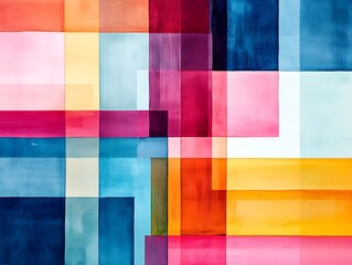 Fototapeta premium A vibrant abstract composition featuring colorful overlapping rectangles in various shades of blue, red, pink, and orange.