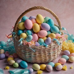 Naklejka premium An Easter basket filled with pastel-colored candies and chocolates.