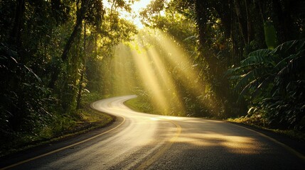 Fototapeta premium Sunbeams Illuminating a Winding Road Through Lush Tropical Forest
