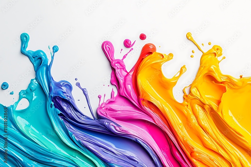 Poster a vibrant splash of colorful paint creating a dynamic wave effect against a white background.
