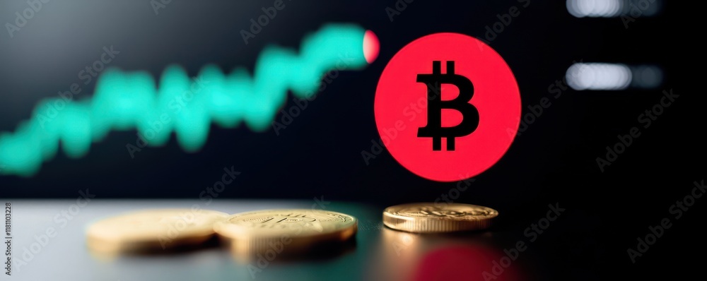 Poster digital currency with bitcoin logo and trading chart in background.
