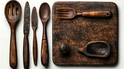 Rustic wooden kitchen utensils arranged on cutting board, white background, flat lay for recipe blog or cookbook.