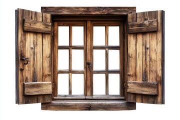 Rustic wooden window with open shutters, isolated on white. (1)