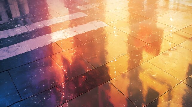 Colorful reflections of sunlight on wet pavement after rain, creating an artistic pattern
