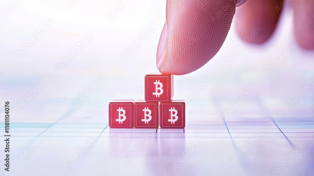 Poster finger placing blocks with bitcoin symbol on a transparent surface.