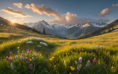 Fototapeta premium A Verdant Valley Bathed in Golden Light - Serene Landscape, Lush Green Hills, and Beautiful Sunset Views